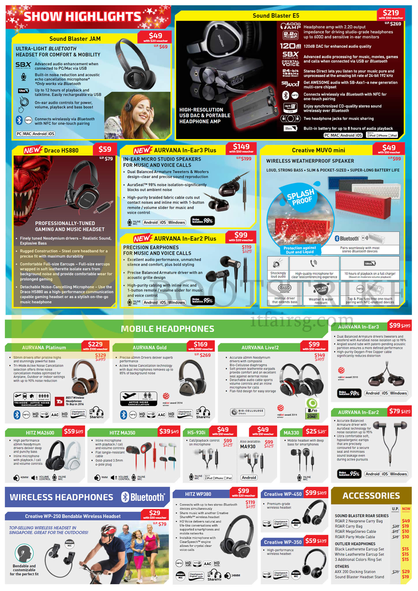 PC SHOW 2015 price list image brochure of Creative Jam, Mobile Headphones, Headphones, Accessories, Aurvana In-Ear 3 Plus, 2 Plus, Platinum, Gold, Live 2, WP-450, WP-350, Draco HS880, Muvo Mini, Hitz