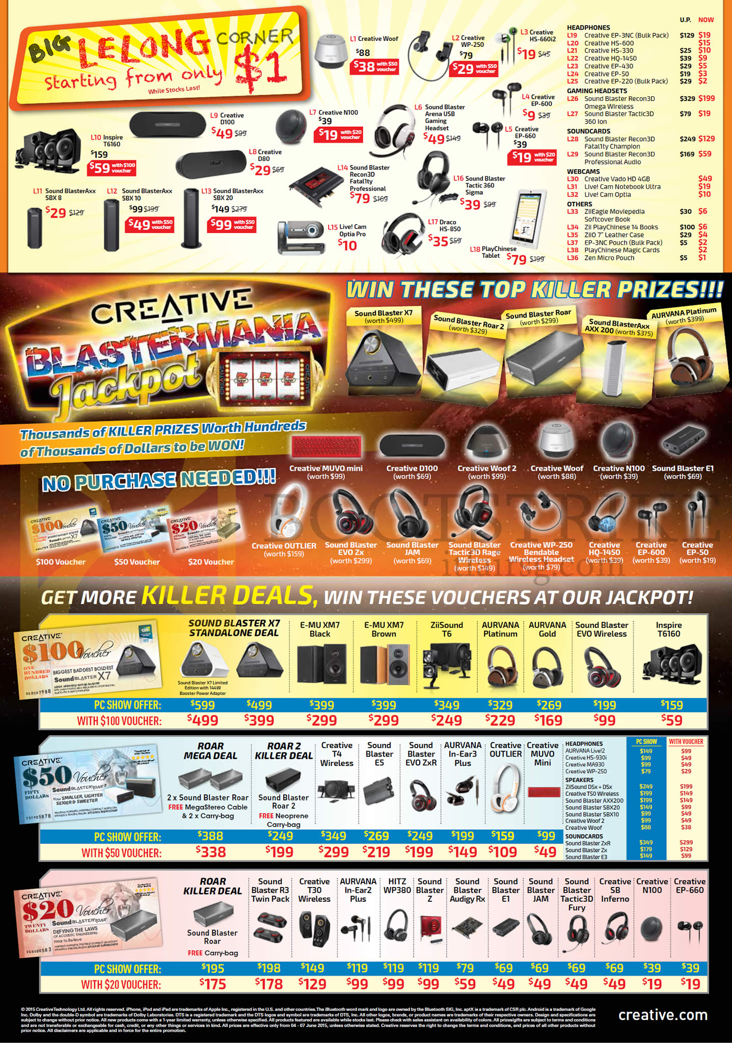 PC SHOW 2015 price list image brochure of Creative Killer Deals, Free Vouchers, Headsets, Headphones, Webcams, Speakers, Sound Cards, Blaster, Inspire, Recon3D, Arena, Woof, Live, Tactic