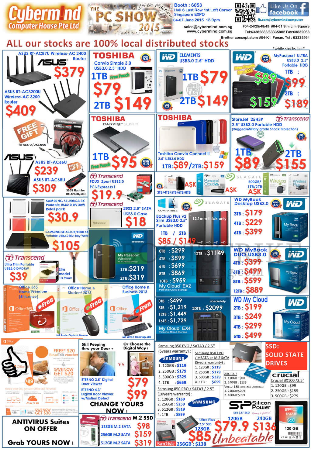 PC SHOW 2015 price list image brochure of Cybermind Accessories, Routers, ASUS, External Storage Drive, My Book, Office 365, SSD, Evo Pro, Cloud, Toshiba Canvio Connect II, Passport