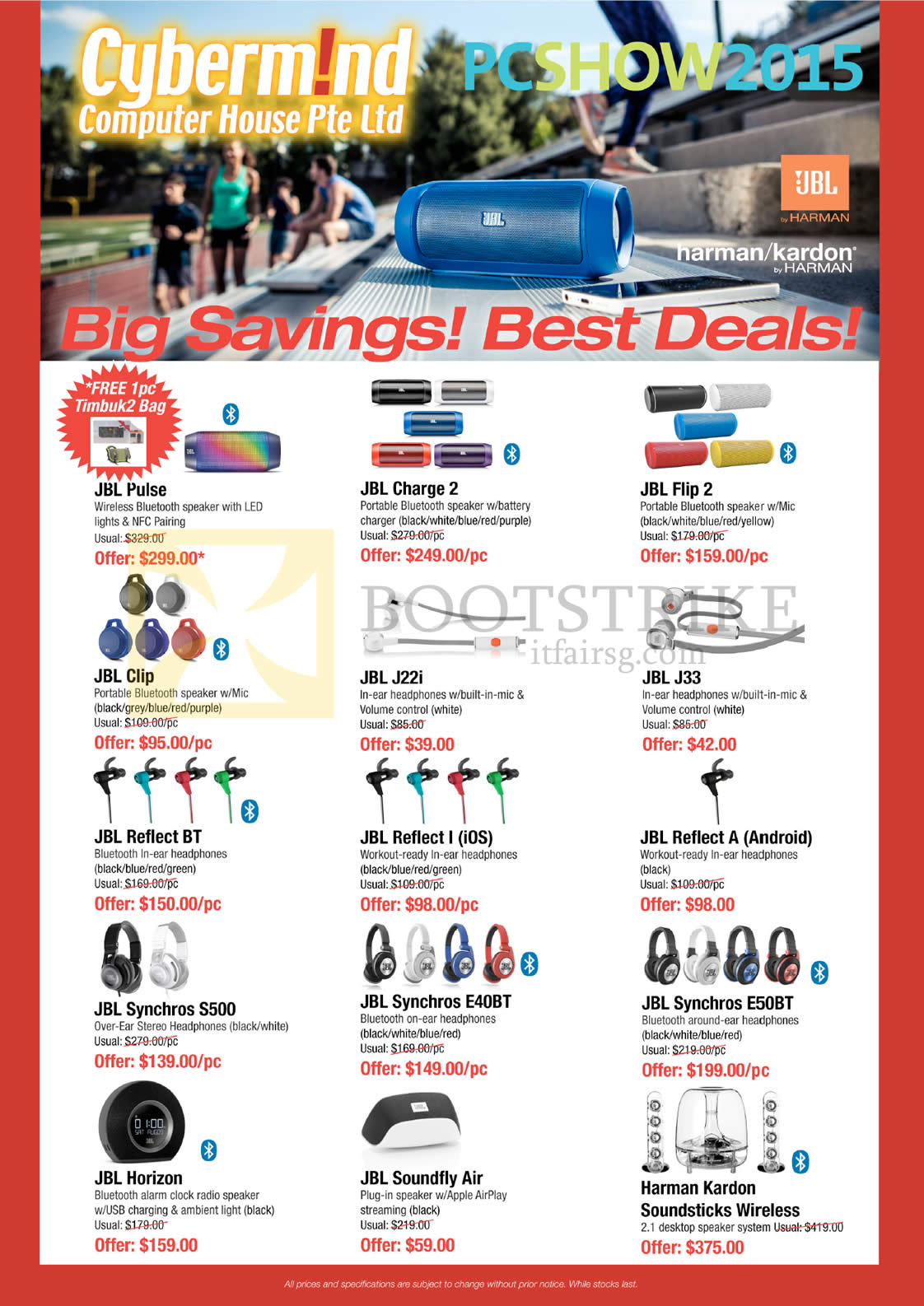 PC SHOW 2015 price list image brochure of Cybermind JBL Speakers Earphones Pulse, Charge 2, Flip 2, Clip, J22i, J33, Reflect Bt, Synchros, Horizon, Soundfly Air, Harman Kardon