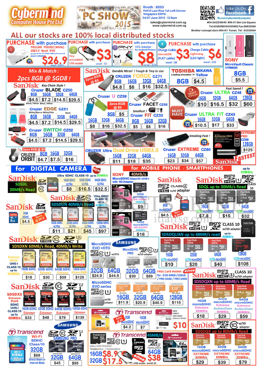 PC SHOW 2015 price list image brochure of Cybermind Memory Cards, Flash Drives, Cruzer Blade, Edge, Switch, Facet, Toshiba Mikawa, Sandisk, MicroSDHC, Transcend, Ultra, Sony