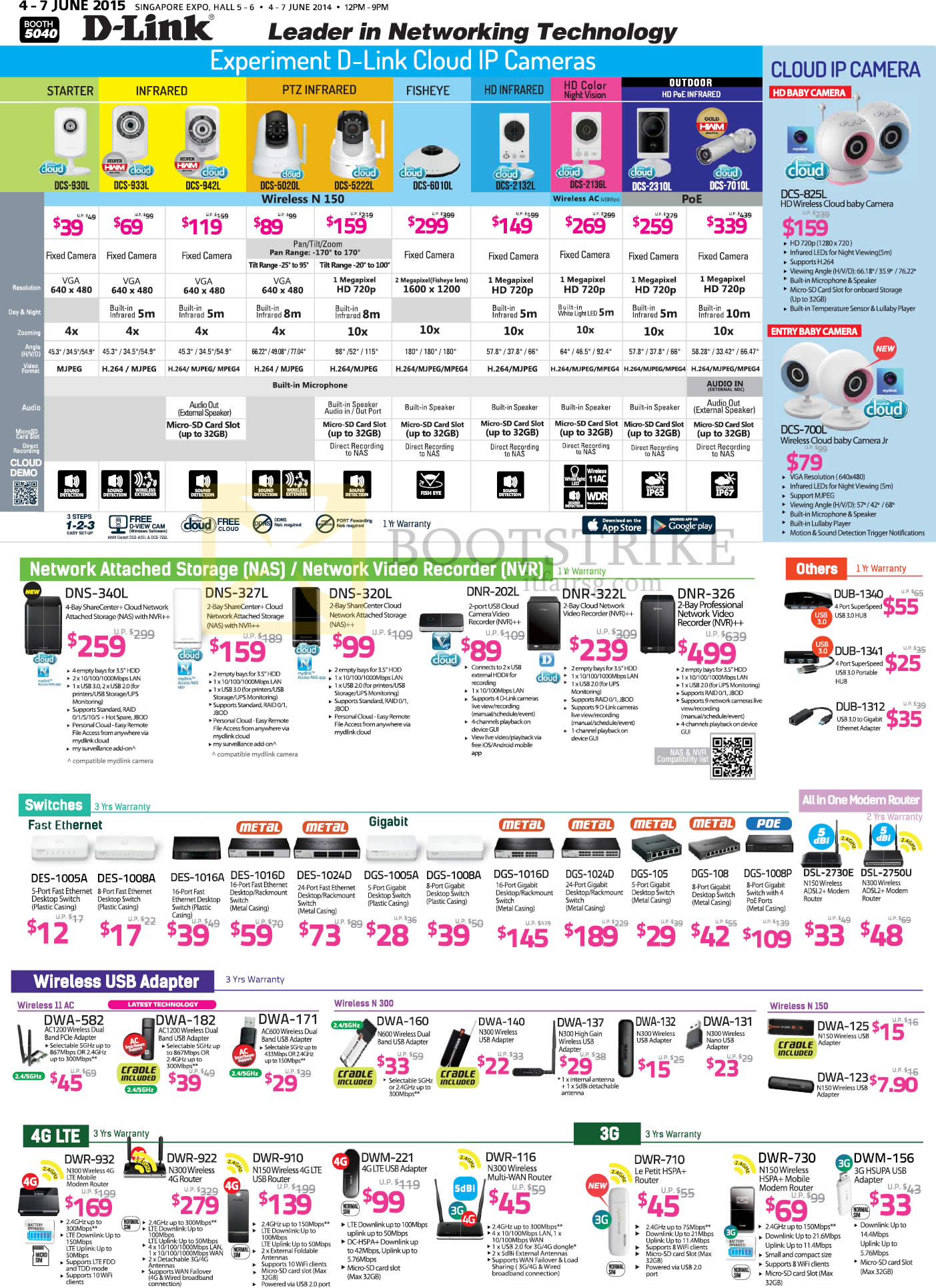 PC SHOW 2015 price list image brochure of D-Link Networking Cloud IPCam, NAS, Switch, Wireless USB Adapter, 4G LTE, Modem