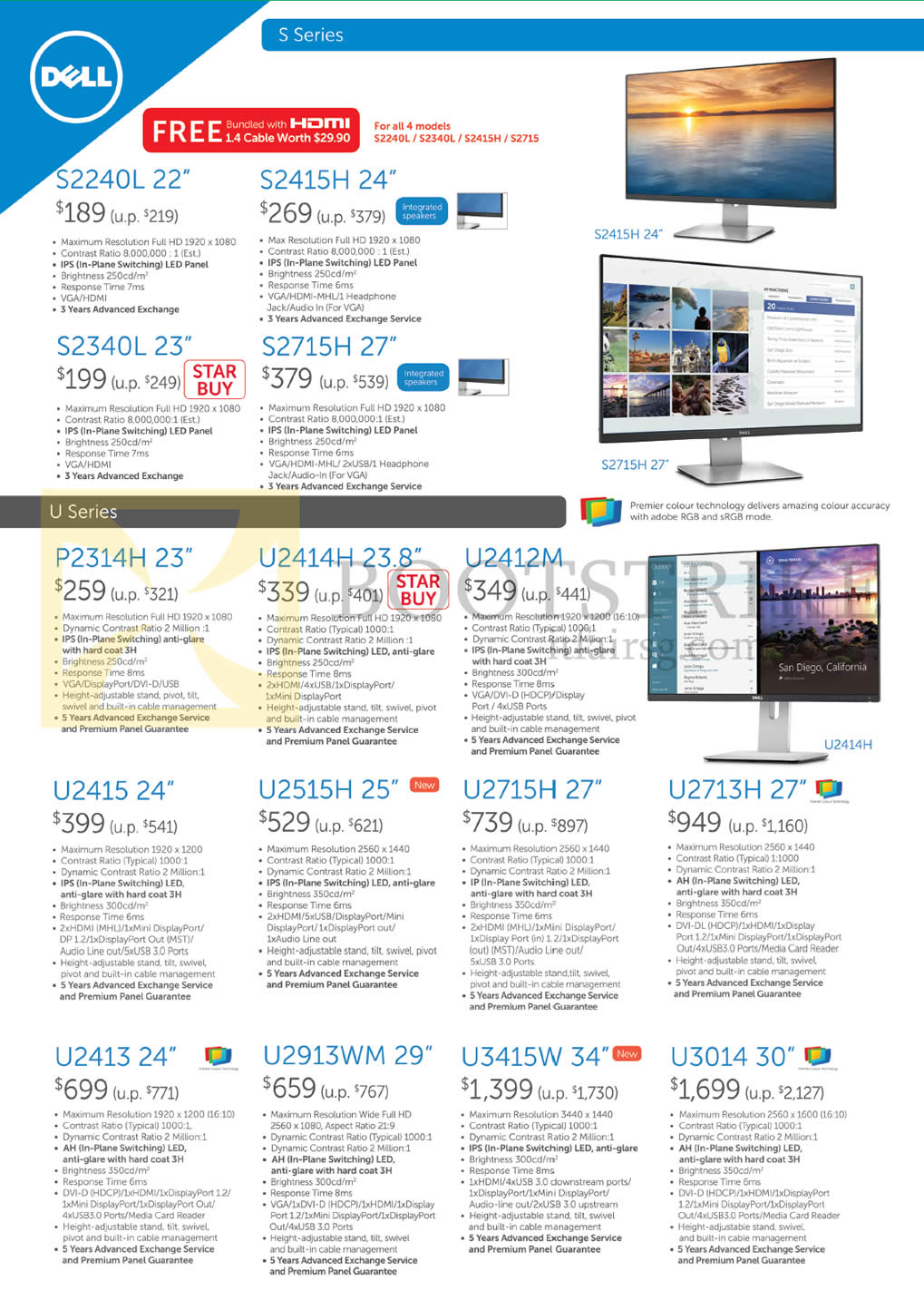PC SHOW 2015 price list image brochure of Dell Monitors S2240L, S2340L, S2415H, S2715H, P2314H, U2414H, U2412M, U2415, U2515H, U2715H, U2713H, U2413, U2913WM, U3415W, U3014
