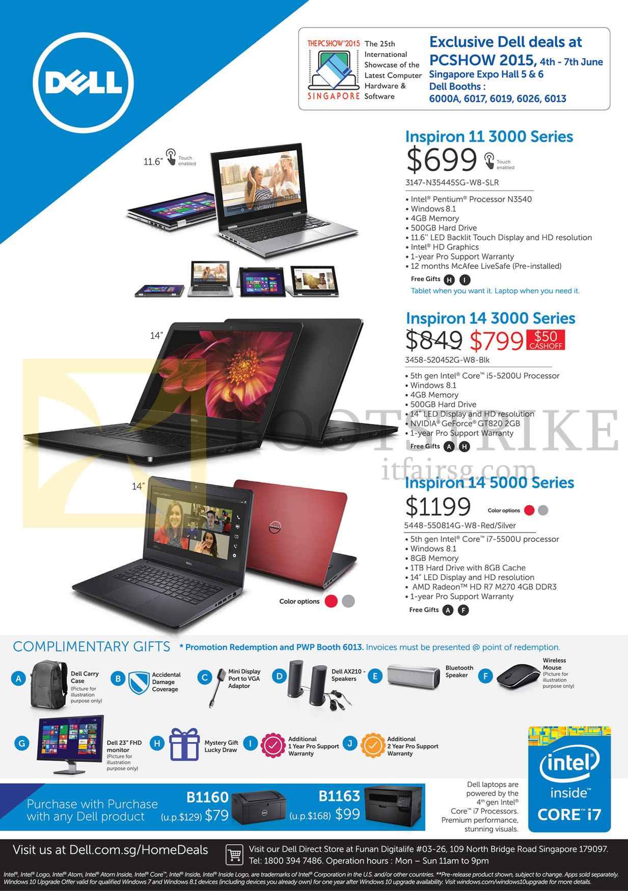 PC SHOW 2015 price list image brochure of Dell Notebooks, Free Gifts, Inspiron 11 3000 Series, 14 3000 Series, 14 5000 Series