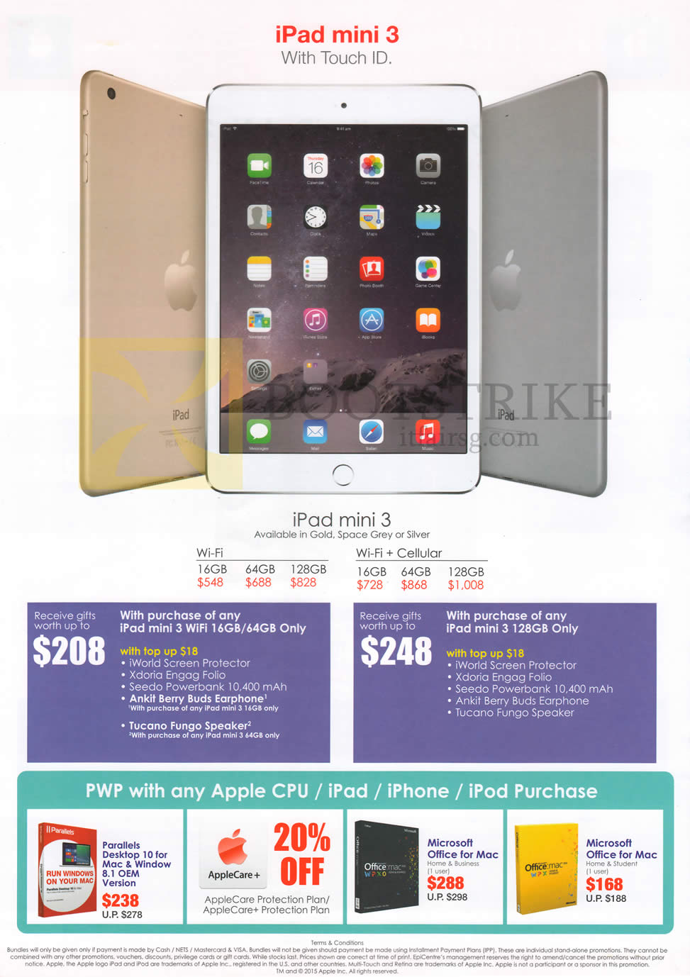 PC SHOW 2015 price list image brochure of EpiCentre IPad Mini 3, Purchase With Purchase, Parallels 10 For Mac N Window 8.1 OEM Version, AppleCare Plus Plan, Microsoft Office For Mac