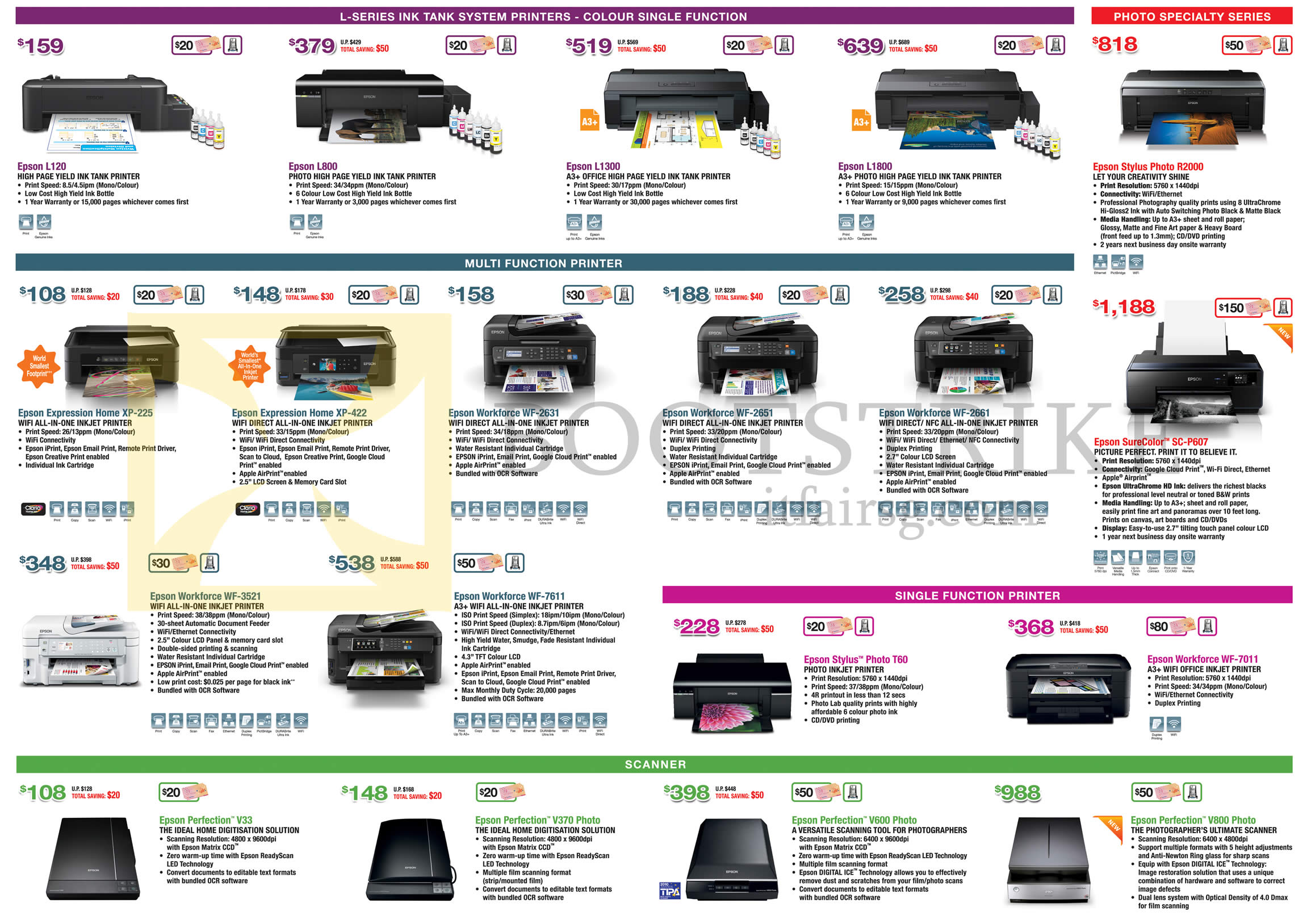 PC SHOW 2015 price list image brochure of Epson Printers, Scanners, L120, L800, L1300, L1800, Expression Home XP-225 XP-422, Workforce WF-2631, WF-2651, Wf-3521, WF-7611, Perfection V33, V370 Photo