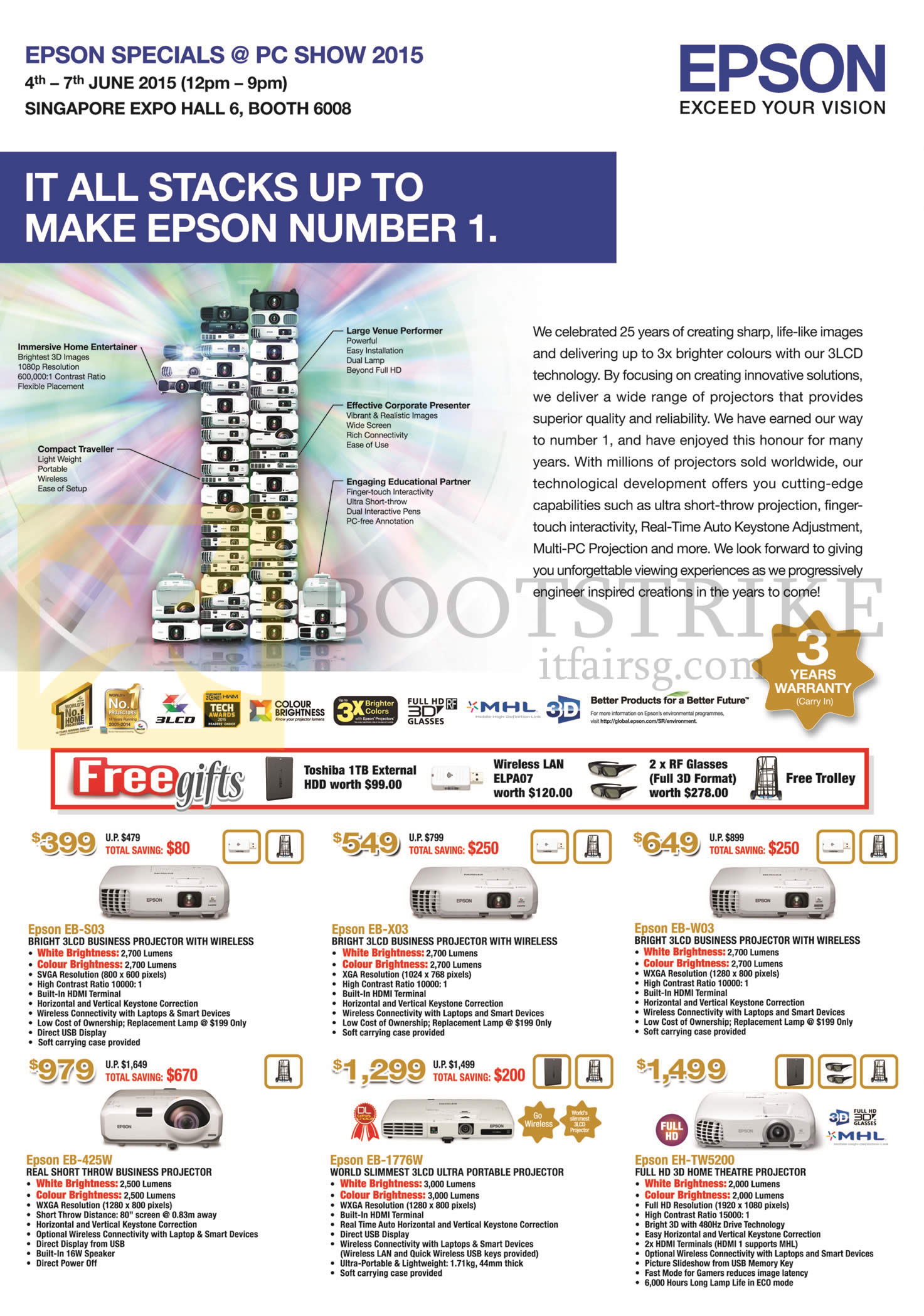 PC SHOW 2015 price list image brochure of Epson Projectors EB-S03, EB-X03, EB-W03, EB-425W, EB-1776W, EH-TW5200
