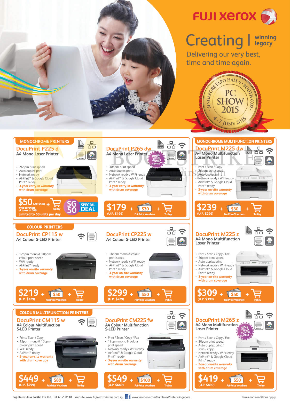 PC SHOW 2015 price list image brochure of Fuji Xerox Printers Laser DocuPrint P225d, P265dw, M225dw, CP115w, CP225w, M225z, CM115w, CM225 Fw, M265z