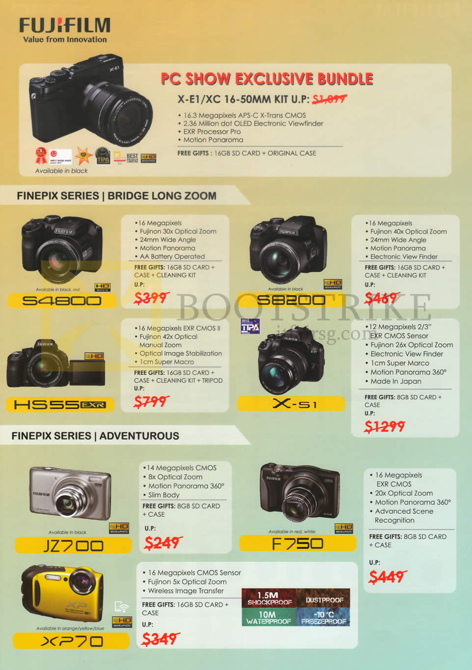 PC SHOW 2015 price list image brochure of Fujifilm (No Prices) Digital Cameras S4800, S8200, HS55, X-51, JZ700, F750, XP70