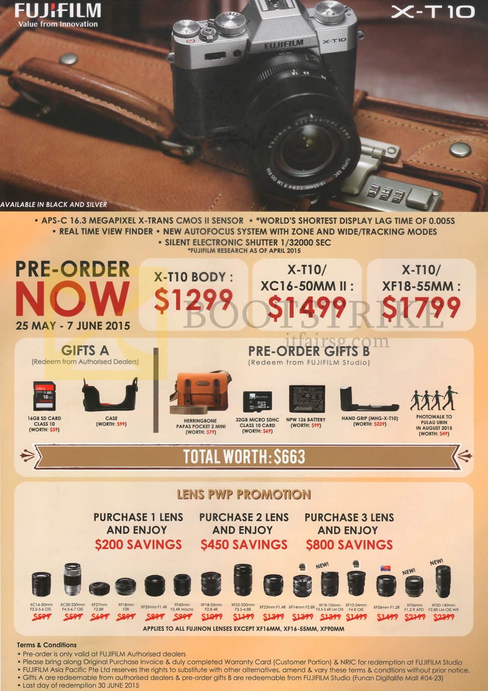 PC SHOW 2015 price list image brochure of Fujifilm Digital Cameras X-T10, Lens PWP Offers, Free Gifts, X-T10