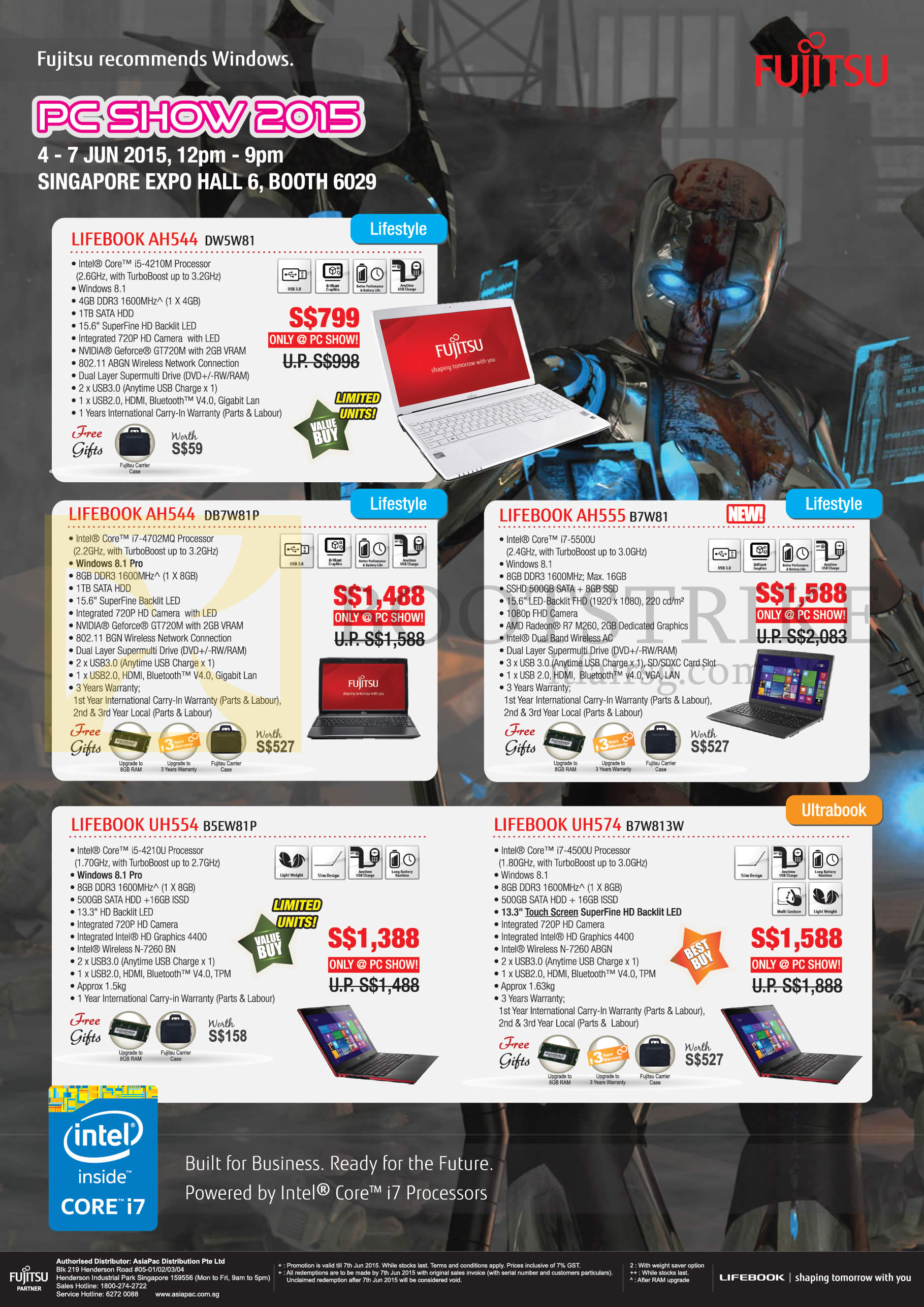 PC SHOW 2015 price list image brochure of Fujitsu (Newstead) Notebooks Lifebook AH544 DW5W81, DB7W81P, AH555 B7W81, UH554 B5EW81P, UH574 B7W813W