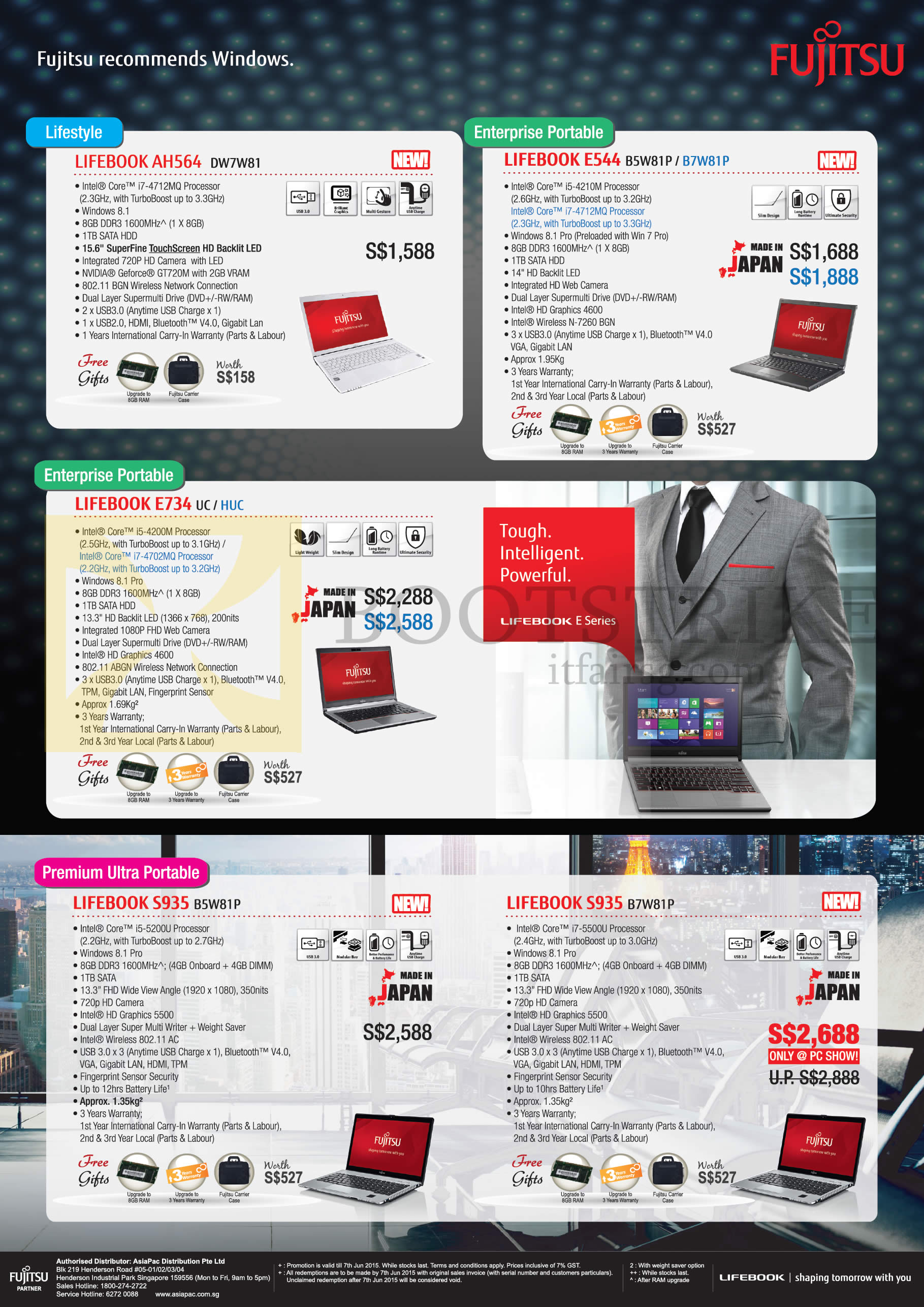 PC SHOW 2015 price list image brochure of Fujitsu (Newstead) Notebooks Lifebook AH564 DW7W81, E544 BW81P B7W81P, E734 UC HUC, S935 B5W81P, S935 B7W81P