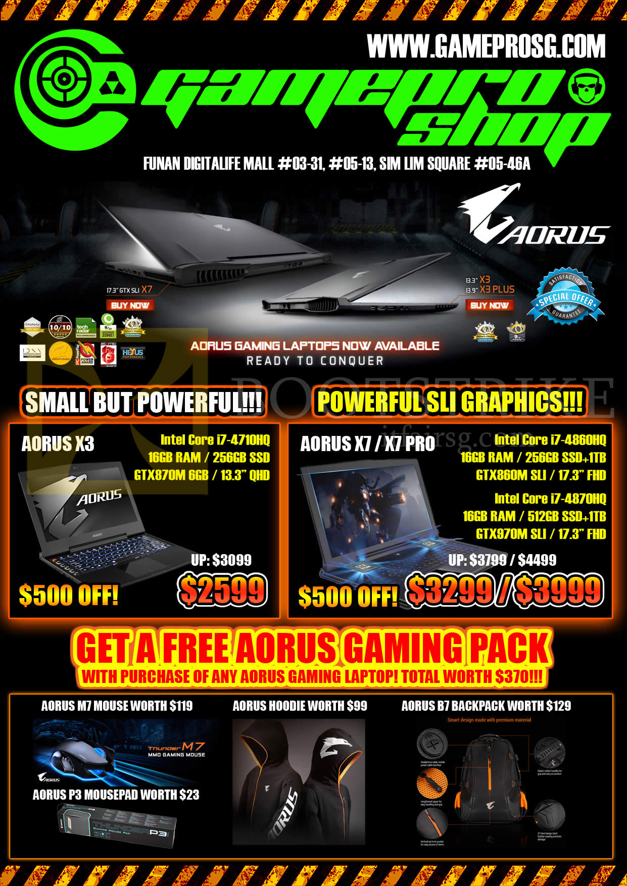 PC SHOW 2015 price list image brochure of Gamepro Notebooks Aorus X3, X7, X7 Pro, Free Gaming Pack