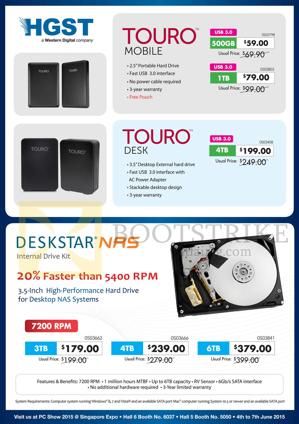 PC SHOW 2015 price list image brochure of HGST Hard Disk Drives, NAS, Touro Mobile, Touro Desk, Deskstar NAS 500GB, 1TB, 3TB, 4TB, 6TB