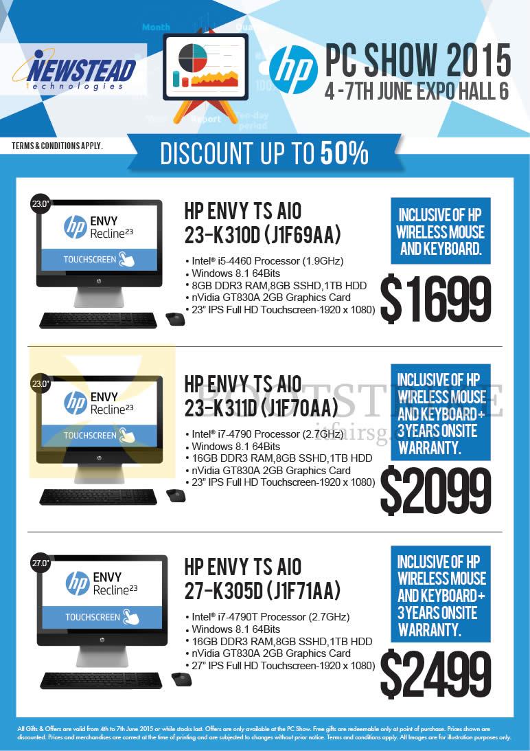 PC SHOW 2015 price list image brochure of HP Newstead AIO Desktop PCs Envy TS AIO 23-K310D J1F69AA, 23-K311D J1F70AA, 27-K305D J1F71AA