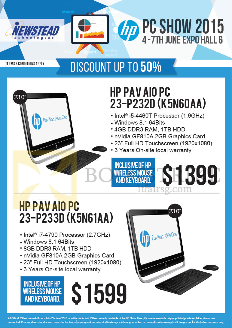 PC SHOW 2015 price list image brochure of HP Newstead AIO Desktop PCs Pav 23-P232D K5N60AA, 23-P233D K5N61AA