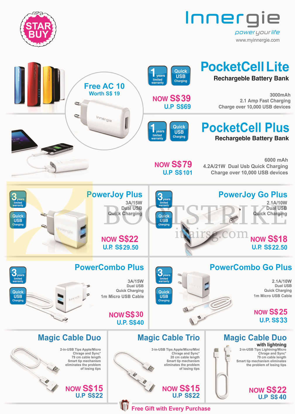 PC SHOW 2015 price list image brochure of Innergie Powerbanks, Quick Chargers, Cables, PocketCell Lite, Plus, PowerJoy Plus, PowerComb Plus, Go Plus, Magic Cable Duo, Trio