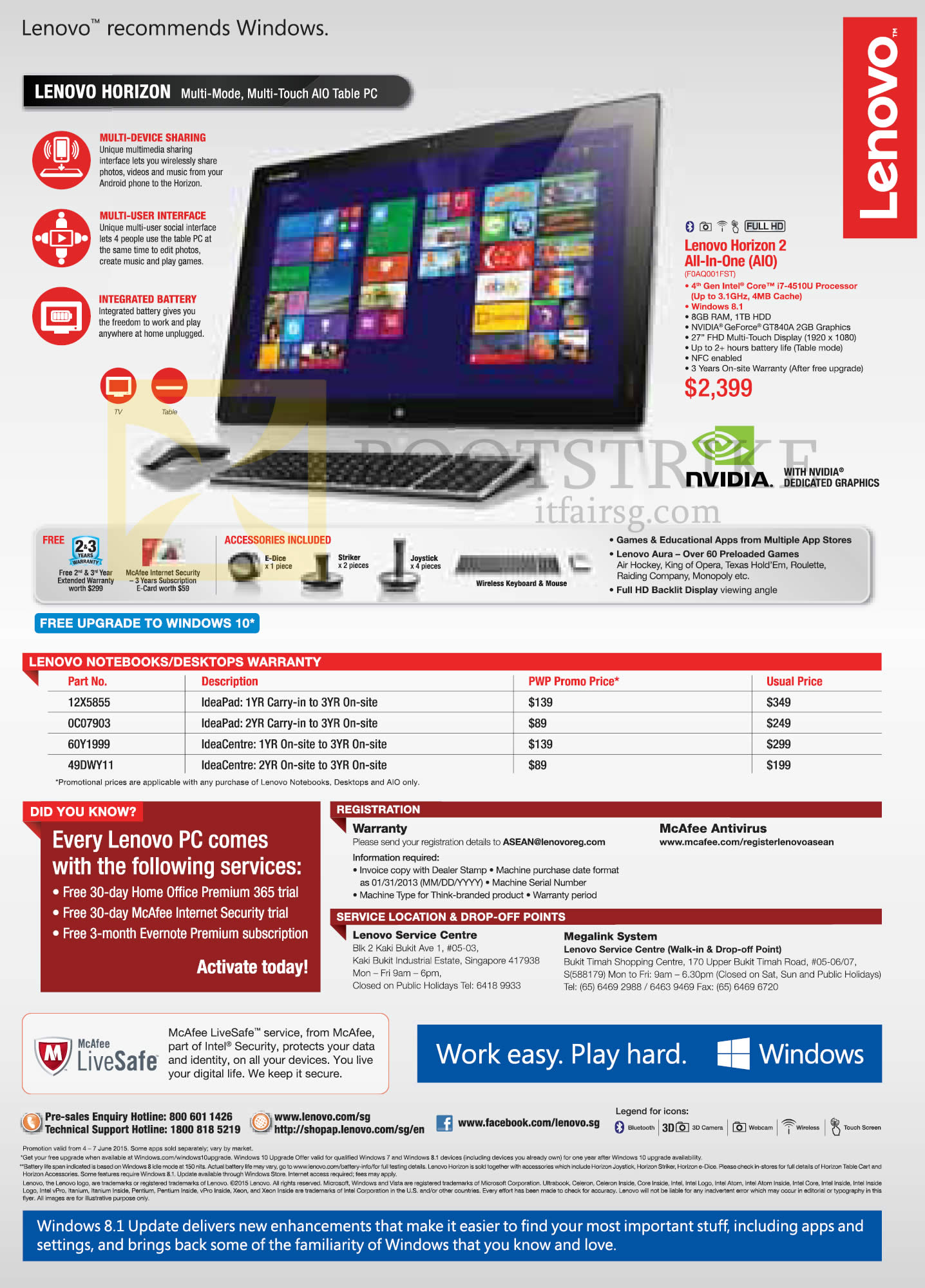 PC SHOW 2015 price list image brochure of Lenovo Horizon 2 AIO Desktop Table PC, Warranty