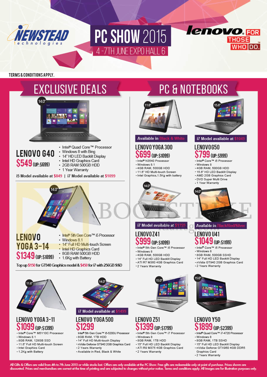 PC SHOW 2015 price list image brochure of Lenovo Newstead Notebooks G40, Yoga 300, G50, Z41, U41, Z51, Y50, Yoga 3-14, 3-11, 500