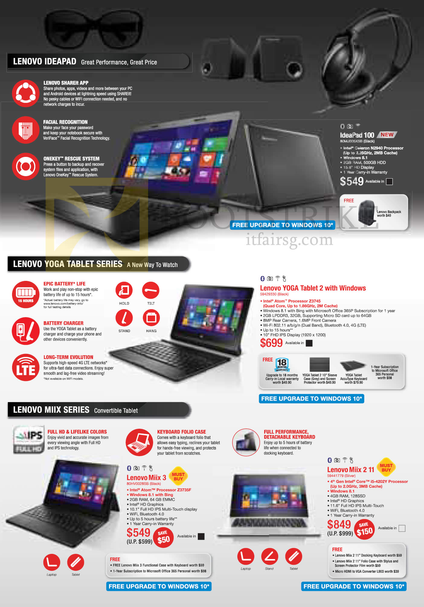 PC SHOW 2015 price list image brochure of Lenovo Notebooks Ideapad Yoga, Ideapad 100, Tablet 2, Miix 3, Miix 2 11