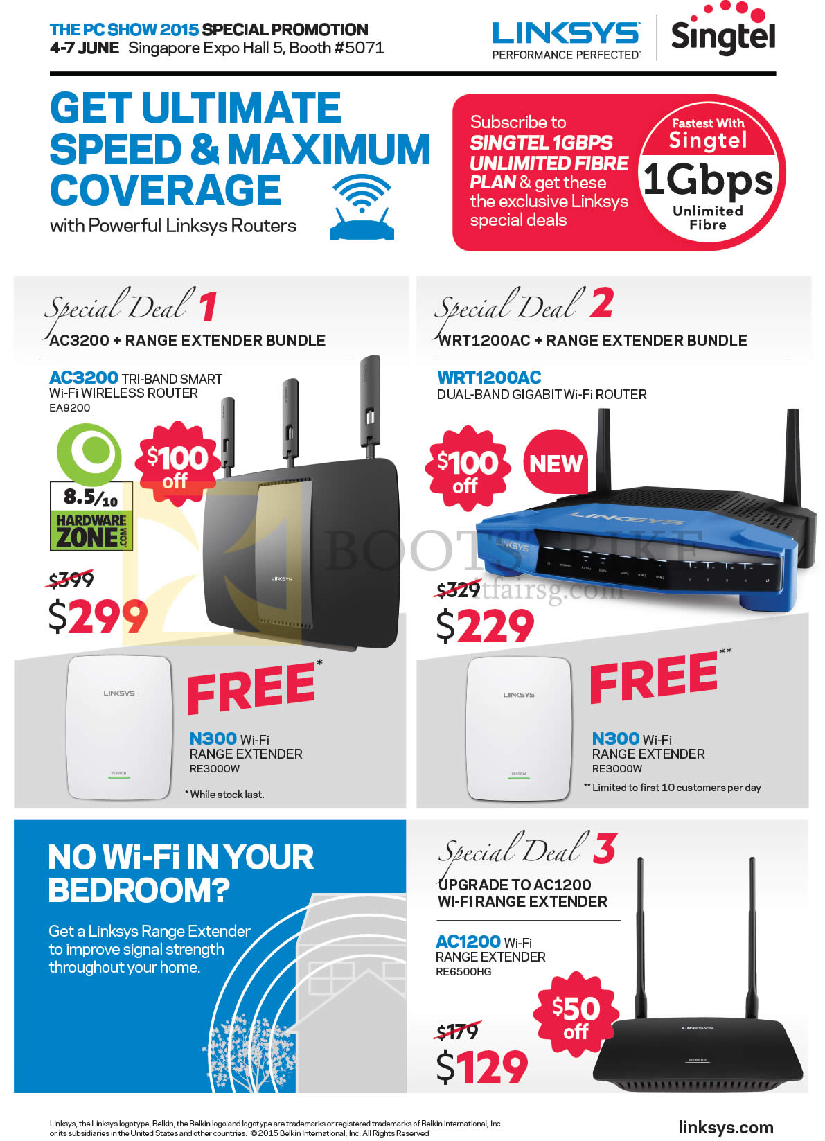 PC SHOW 2015 price list image brochure of Linksys Networking Routers, AC3200, WRT1200AC, AC1200 Wi-Fi Range Extender