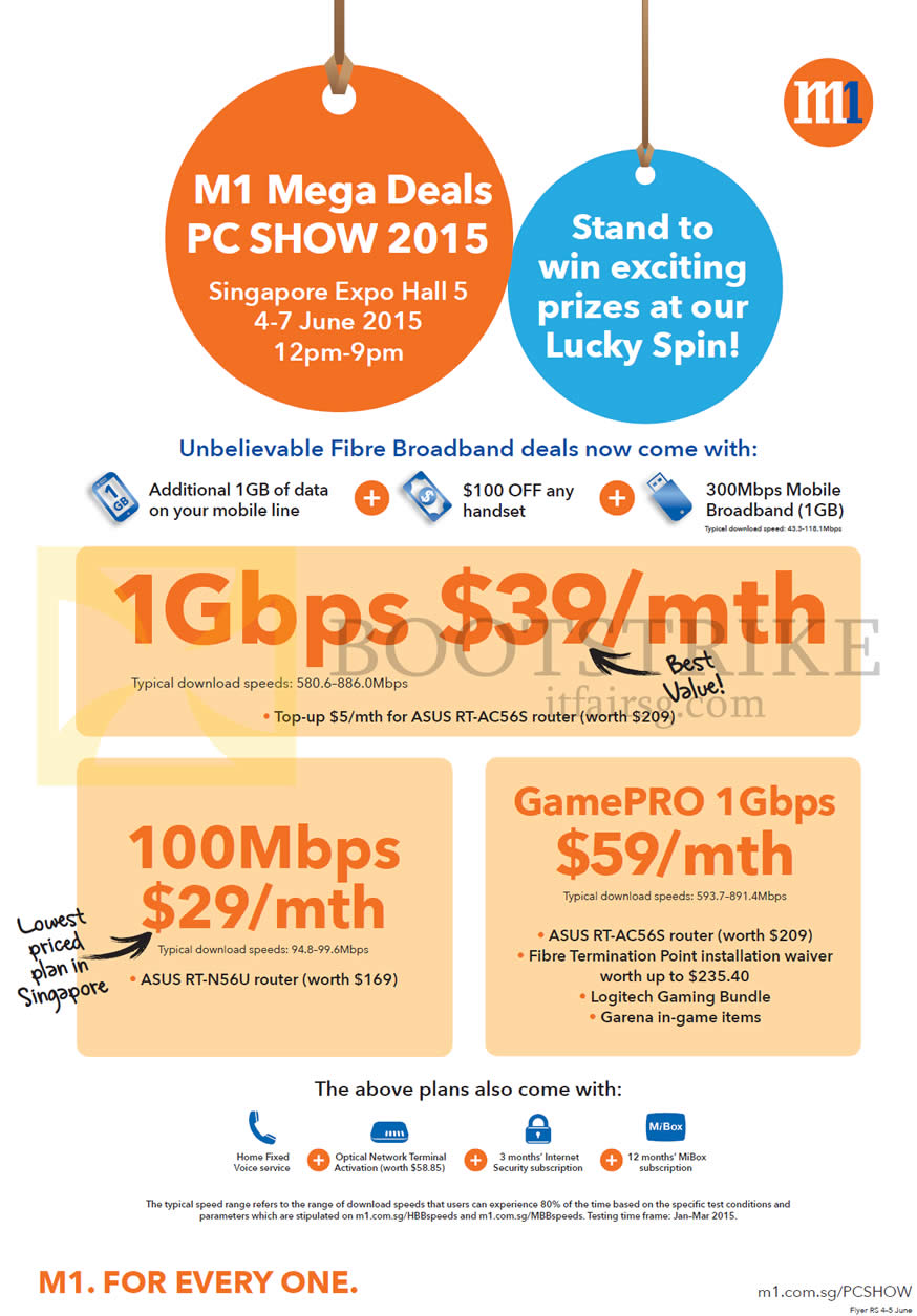PC SHOW 2015 price list image brochure of M1 1Gbps 39.00 Plan, 100Mbps 29.00, Gamepro 59.00
