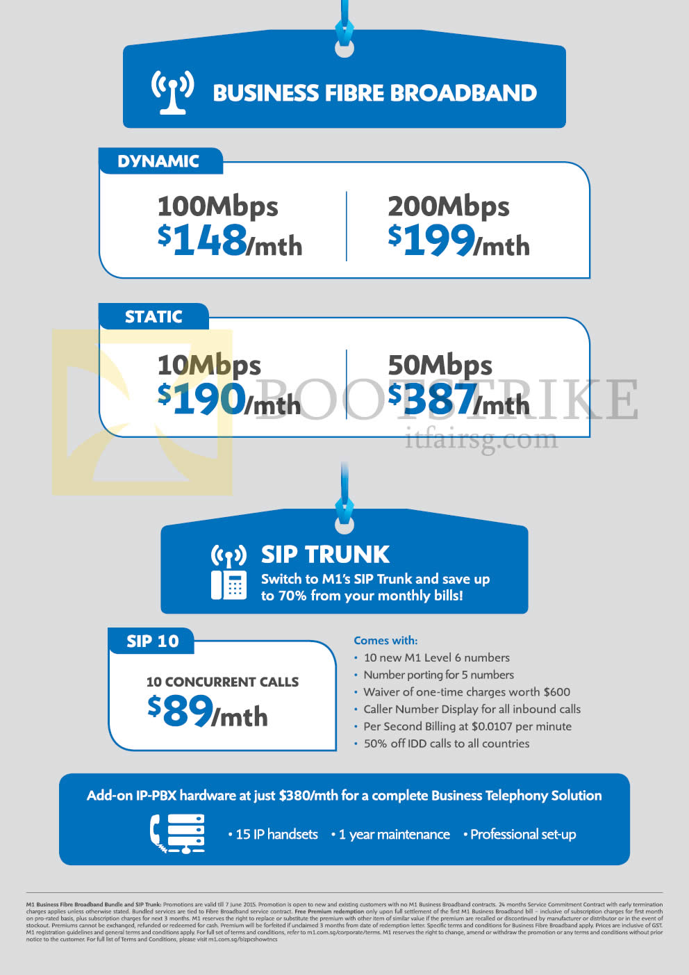 PC SHOW 2015 price list image brochure of M1 Business Fibre Broadband 100Mbps 200Mbps Dynamic, Static 10mbps 50Mbps, SIP Trunk 10