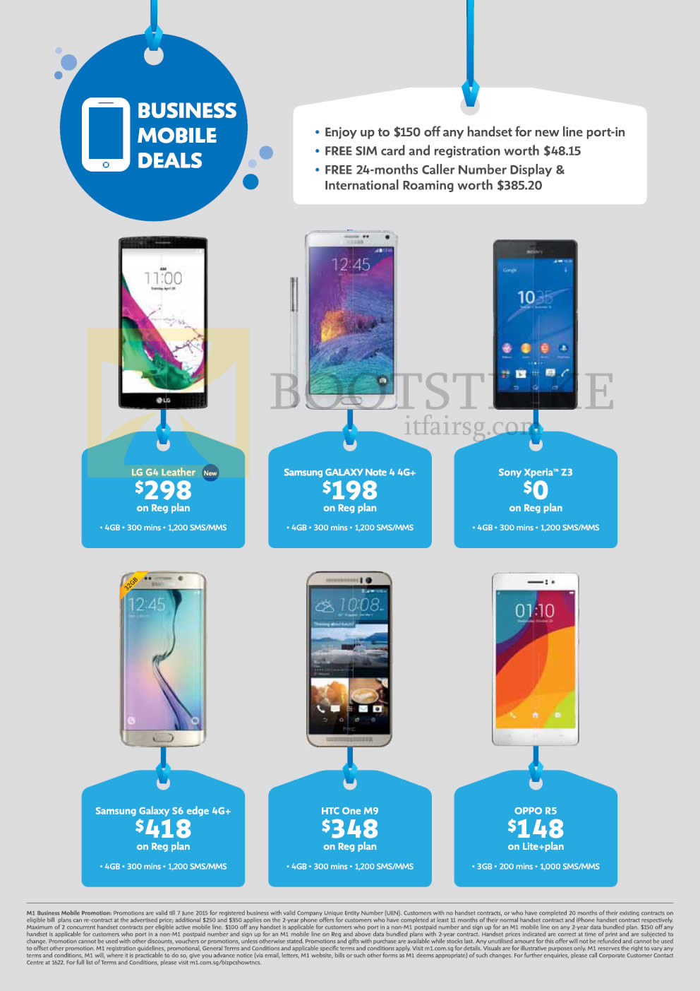 PC SHOW 2015 price list image brochure of M1 Business Mobile LG G4 Leather, Galaxy Note 4, Xperia Z3, S6 Edge, One M9, Oppo R5