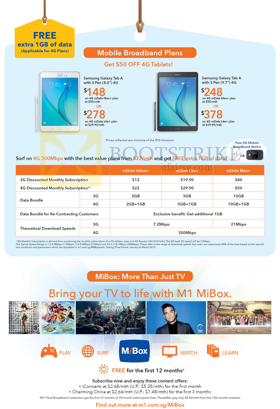 PC SHOW 2015 price list image brochure of M1 Mobile Broadband Plans MData, Samsung Galaxy Tab A, MiBox
