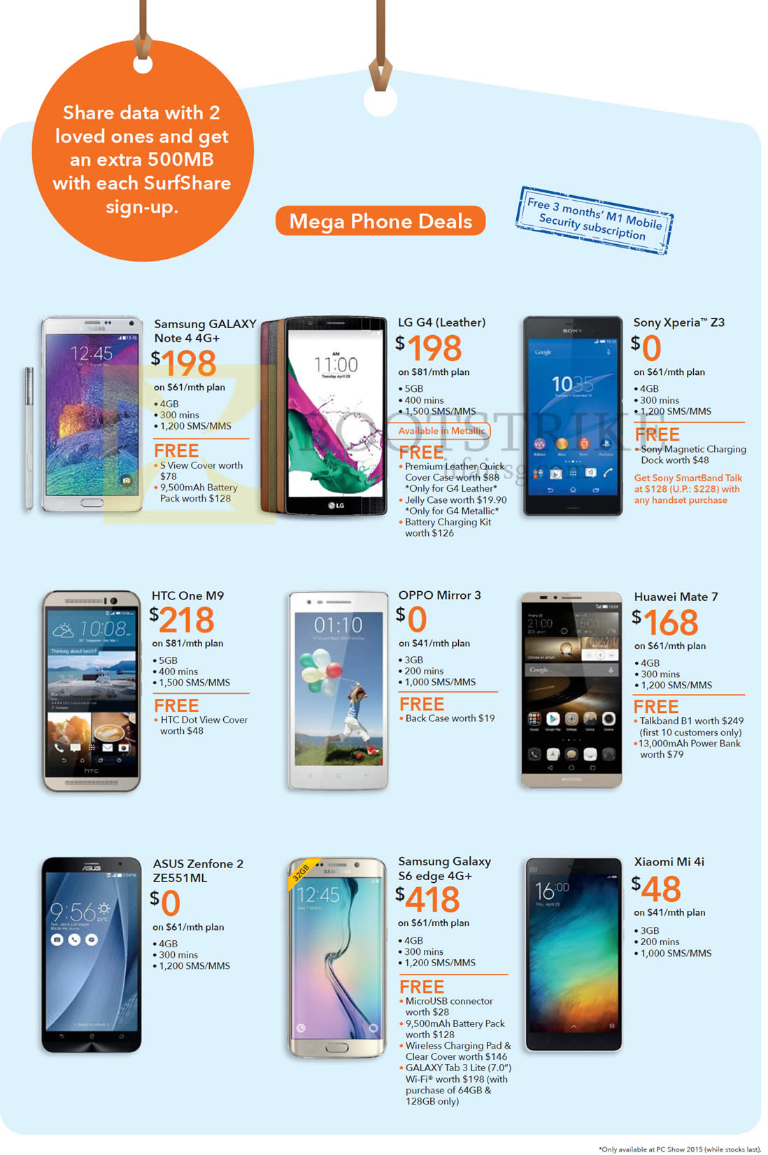 PC SHOW 2015 price list image brochure of M1 Samsung Galaxy Note 4 S6, LG G4, Sony Xperia Z3, HTC One M9, Oppo Mirror 3, Huawei Mate 7, ASUS Zenfone 2 ZE551ML, Xiaomi Mi 4i