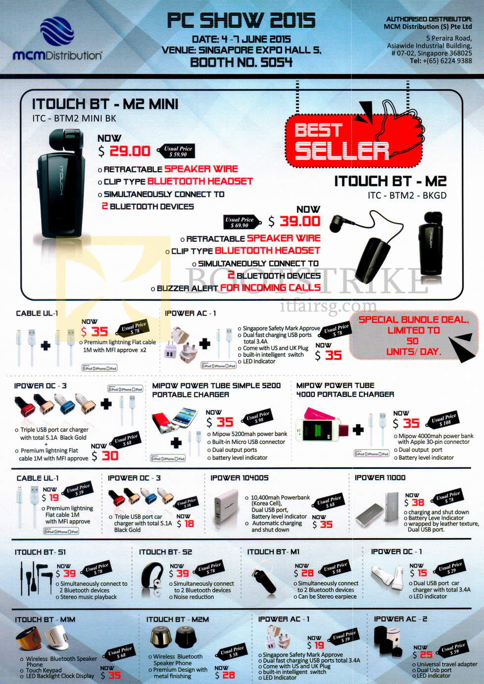 PC SHOW 2015 price list image brochure of MCM Distribution Accessories, Charger, Lightning, Itouch BT-M2 Mini, Itouch Bt-M2, Cable UL-1, IPower AC-1, 2, OC-3, 10400S, 11000, BT-M1M, M2M