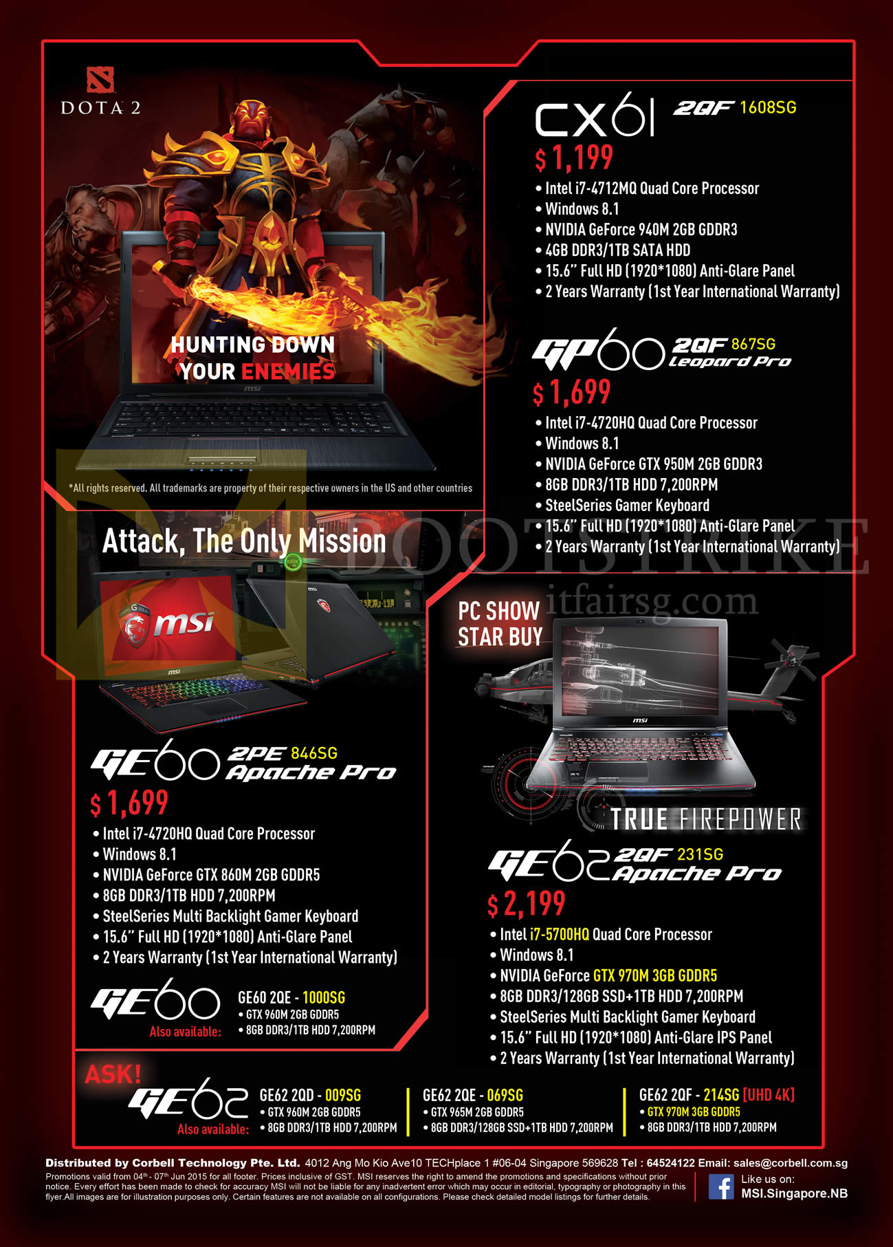 PC SHOW 2015 price list image brochure of MSI Notebooks CX60 2QF 1608SG, GP60 Leopard Pro, GE60 2PE 846SG Apache Pro, GE62 2QF 231S