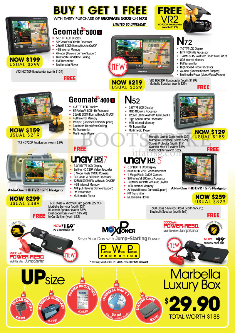 PC SHOW 2015 price list image brochure of Maka GPS Marbella Navigators Geomate 500 N72 400 N52 Unav HD7 HD5 MaxPower, Luxury Box