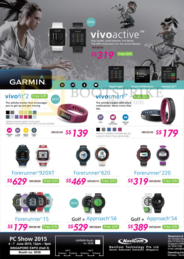 PC SHOW 2015 price list image brochure of Navicom Garmin GPS Watches Vivoactive, Vivofit 2, Vivosmart, Forerunner 920Xt, 620, 220, 15, Golf Approach S6, S4