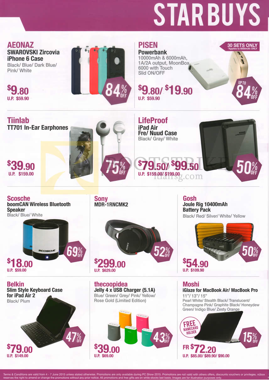 PC SHOW 2015 price list image brochure of Nubox Accessories Aeonaz, Pisen, Tiinlab, LifeProof, Scosche, Sony, Gosh, Belkin, Thecoopidea, Moshi