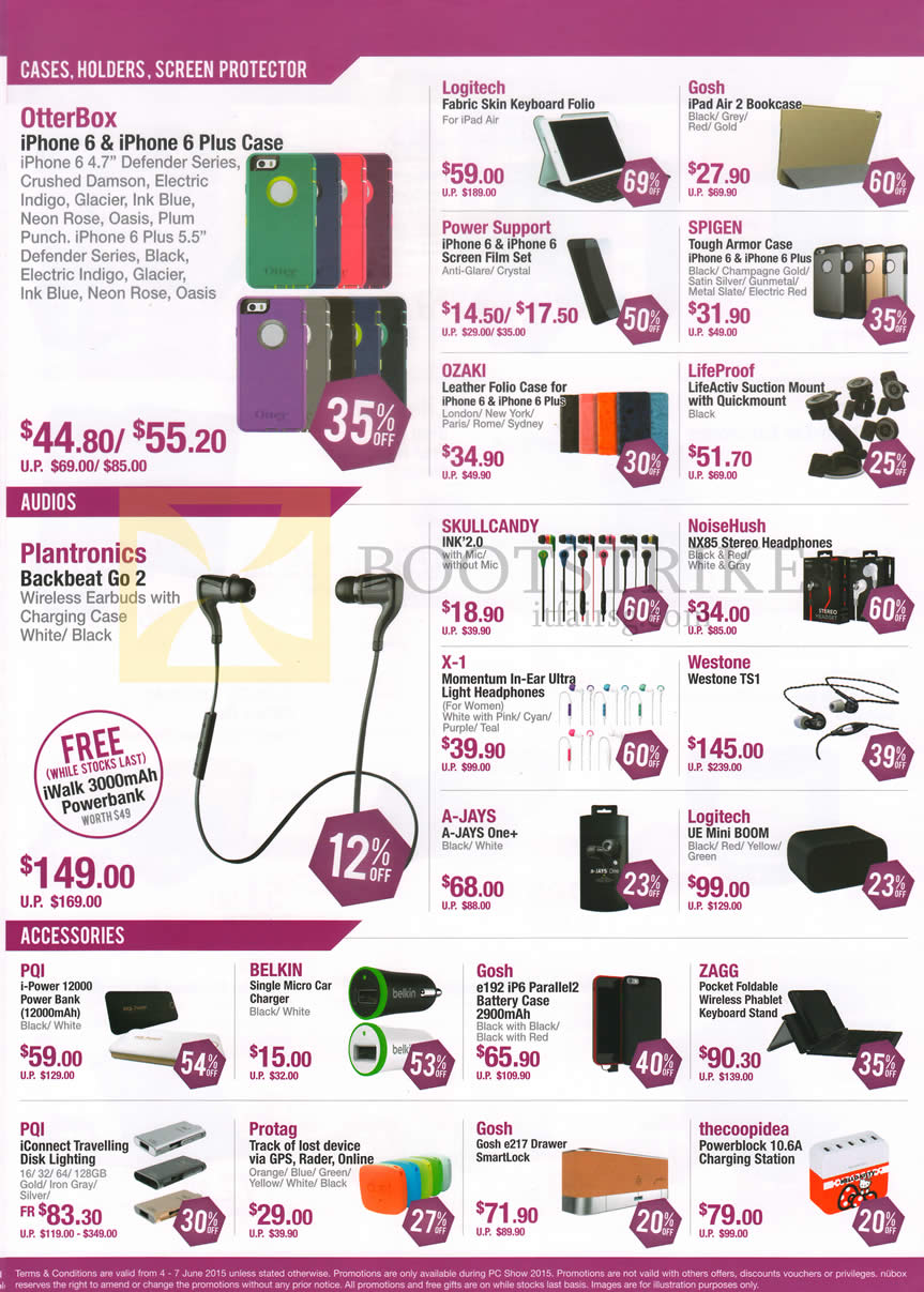 PC SHOW 2015 price list image brochure of Nubox Cases, Holders, Screen Protectors, Audios, Accessories, Plantronics, Belkin, PQI, Protag, Skullcandy, Spigen, Zagg, Gosh