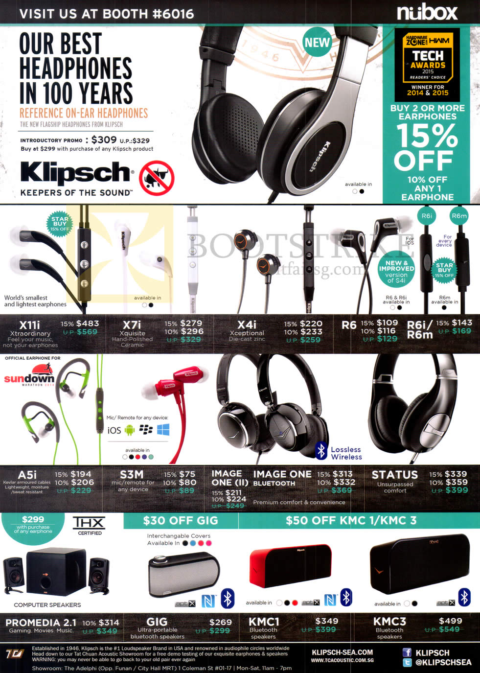 PC SHOW 2015 price list image brochure of Nubox Klipsch Headphones, Earphones, Speakers, X11i, X7i, X4i, R6, R6i, R6m, A5i, S3M, Image One II, Image One Bluetooth, Status, Promedia 2.1, Gig, KMC1, KMC3