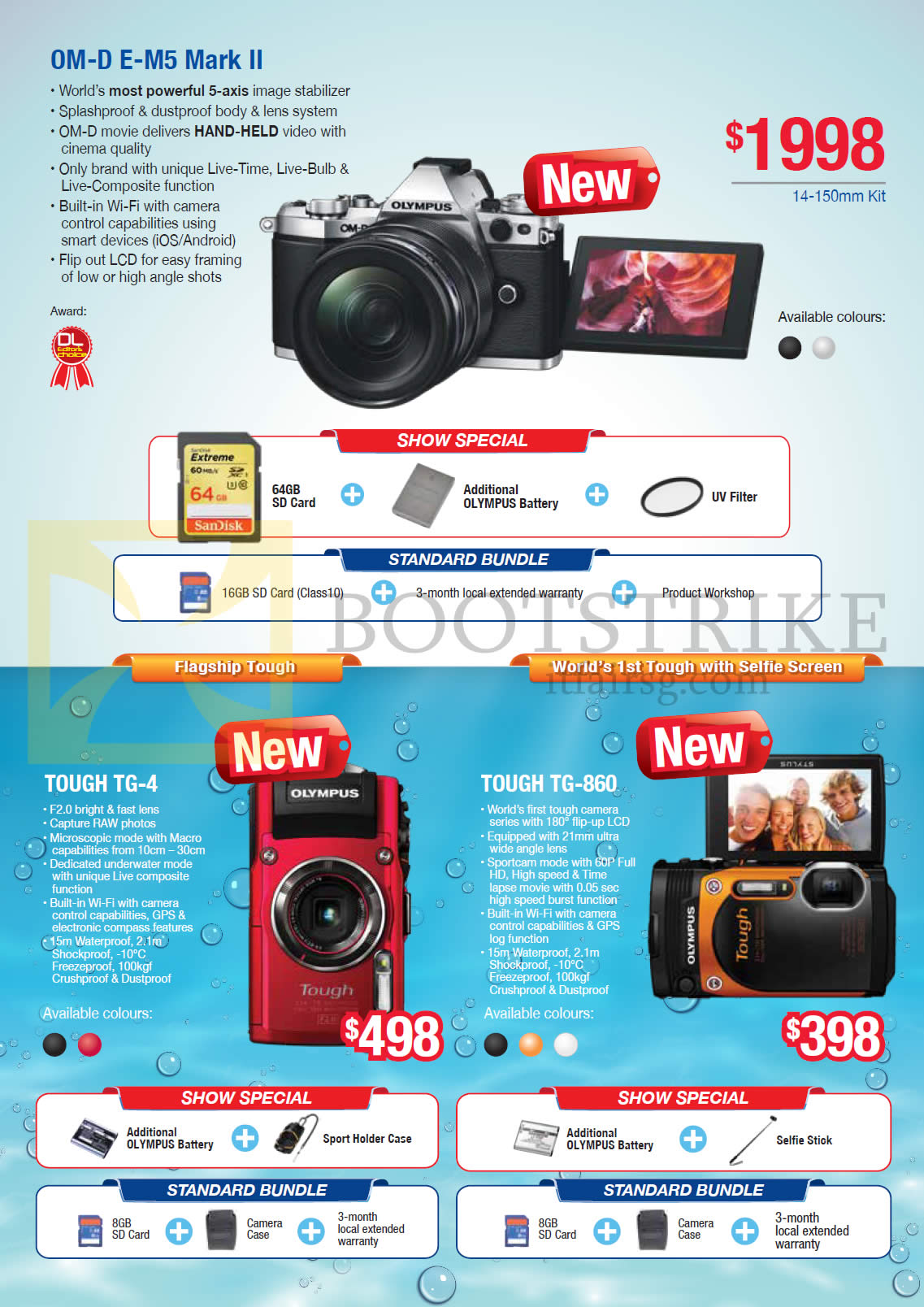 PC SHOW 2015 price list image brochure of Olympus Digital Cameras OM-D E-M5 Mark II, Tough TG-4, TG-860