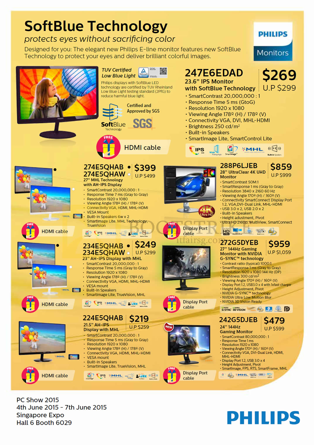 PC SHOW 2015 price list image brochure of Philips Monitors LED IPS 4K UHD, 247E6EDAD, 274E5QHAB, 274E5QHAW, 288P6LJEB, 234E5QHAB, 234E5QHAW, 272G5DYEB, 224E5QHAB, 242G5DJEB