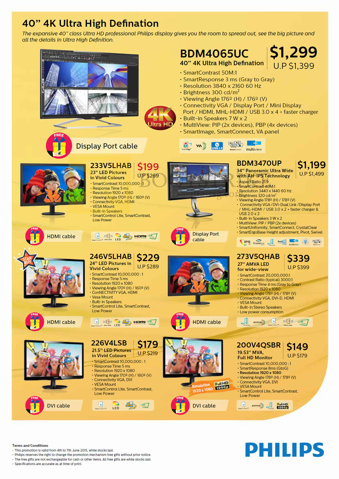 PC SHOW 2015 price list image brochure of Philips Monitors LED IPS, BDM4065UC, 233V5LHAB, BDM3470UP, 246V5LHAB, 273V5QHAB, 226V4LSB, 200V4QSBR