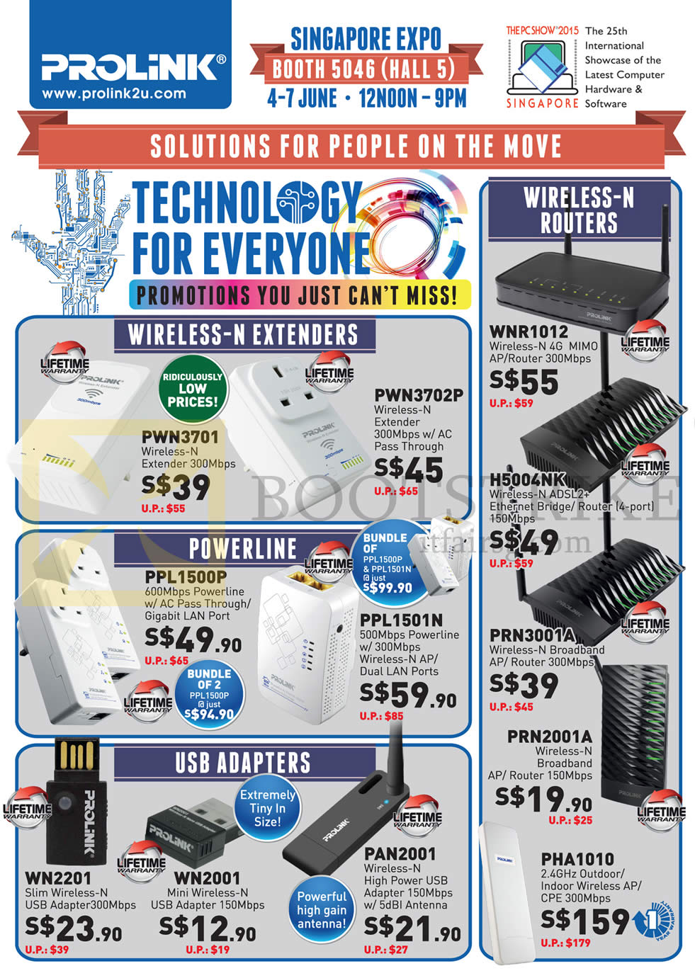 PC SHOW 2015 price list image brochure of Prolink Wireless-N Extenders, Powerline, USB Adapters, Wireless-N Routers