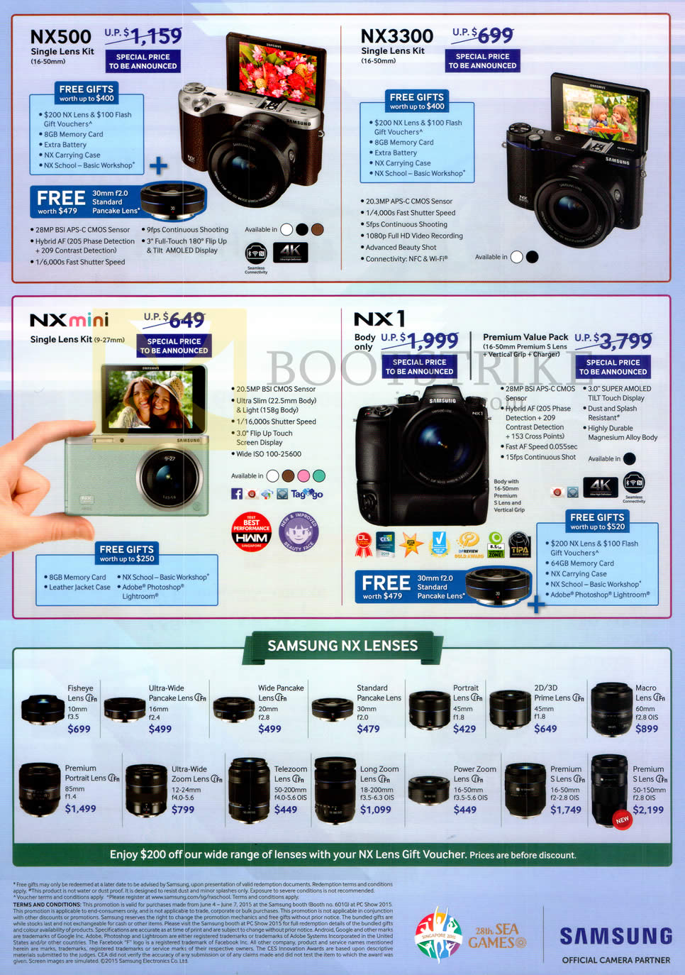 PC SHOW 2015 price list image brochure of Samsung (No Prices) Digital Cameras, Lenses, NX500, NX3300, NX Mini, NX1, Lenses