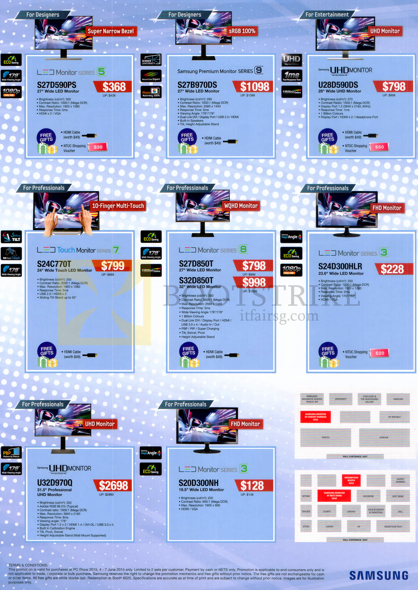 PC SHOW 2015 price list image brochure of Samsung Monitors LED Touch UHD S27D590PS, S27B970DS, U28D590DS, S24C770T, S27D850T, S32D850T, S24D300HLR, U32D970Q, S20D300NH
