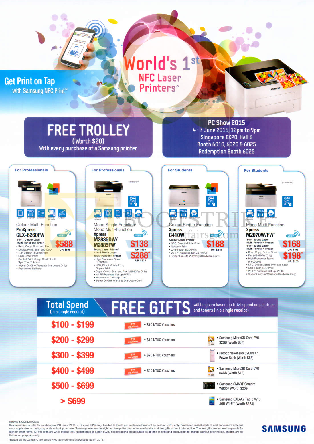PC SHOW 2015 price list image brochure of Samsung Printers Proxpress CLX-6260FW, Xpress M2835Dw, M2885FW, C410W, M2070W, M2070FW