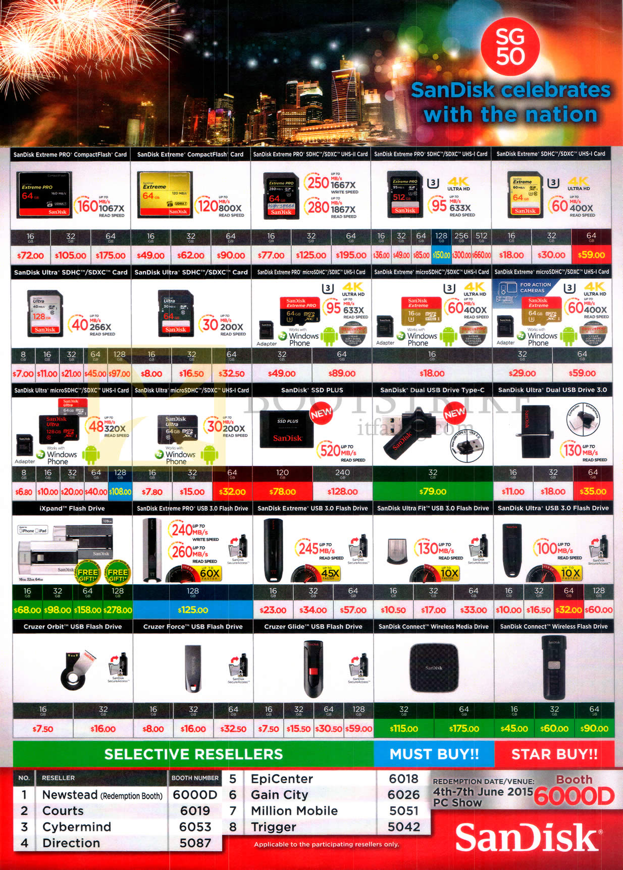 PC SHOW 2015 price list image brochure of Sandisk MicroSD Cards, USB Flash Drives SSD Plus, IXpand, Cruzer Force, Cruzer Glide, Connect, Ultra Fit