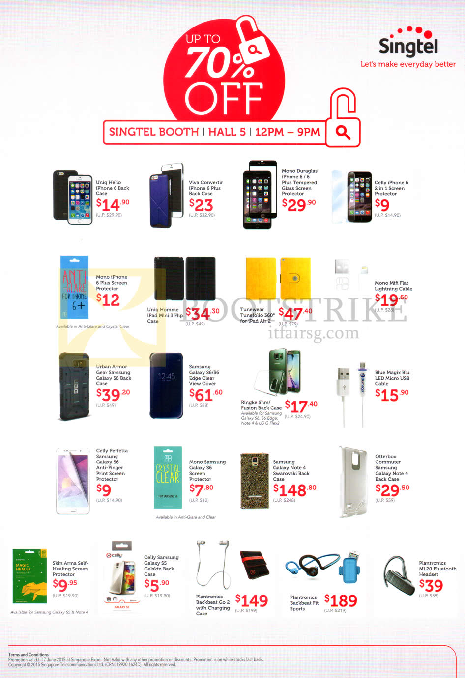 PC SHOW 2015 price list image brochure of Singtel Accessories Uniq Hello, Viva Converter, Mono Duraglas, Celly, Galaxy Note 4 Swarovski, Plantronics Backbeat Go2, Fit