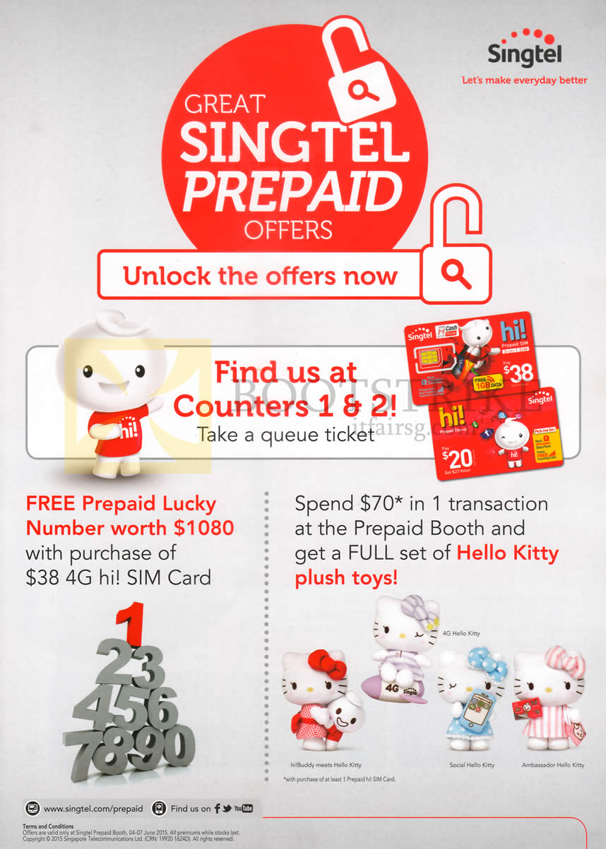PC SHOW 2015 price list image brochure of Singtel Free Prepaid Lucky Number, Hello Kitty Plush Toys