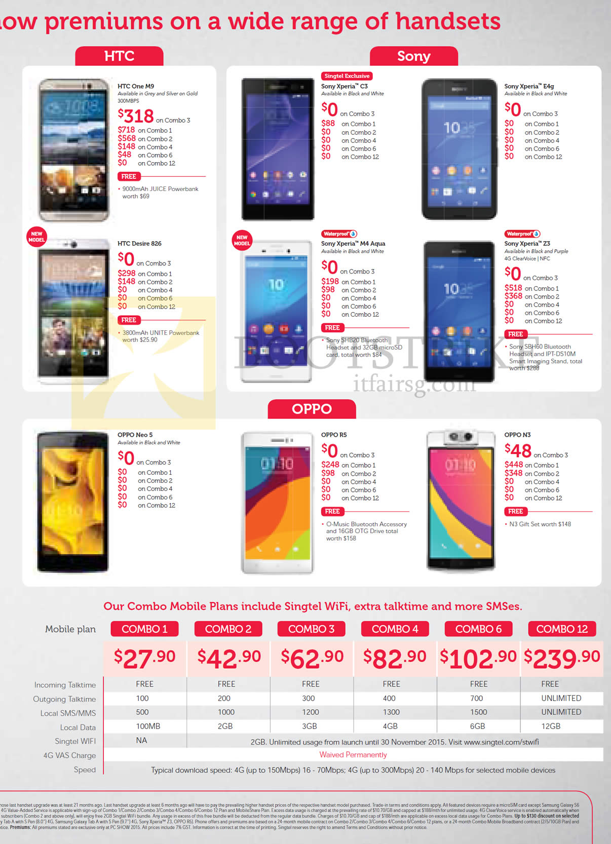 PC SHOW 2015 price list image brochure of Singtel HTC One M9, Desire 826, Sony Xperia C3, E4g, M4 Aqua, Z3, OPPO Neo 5, R5, N3, Combo Mobile Plans
