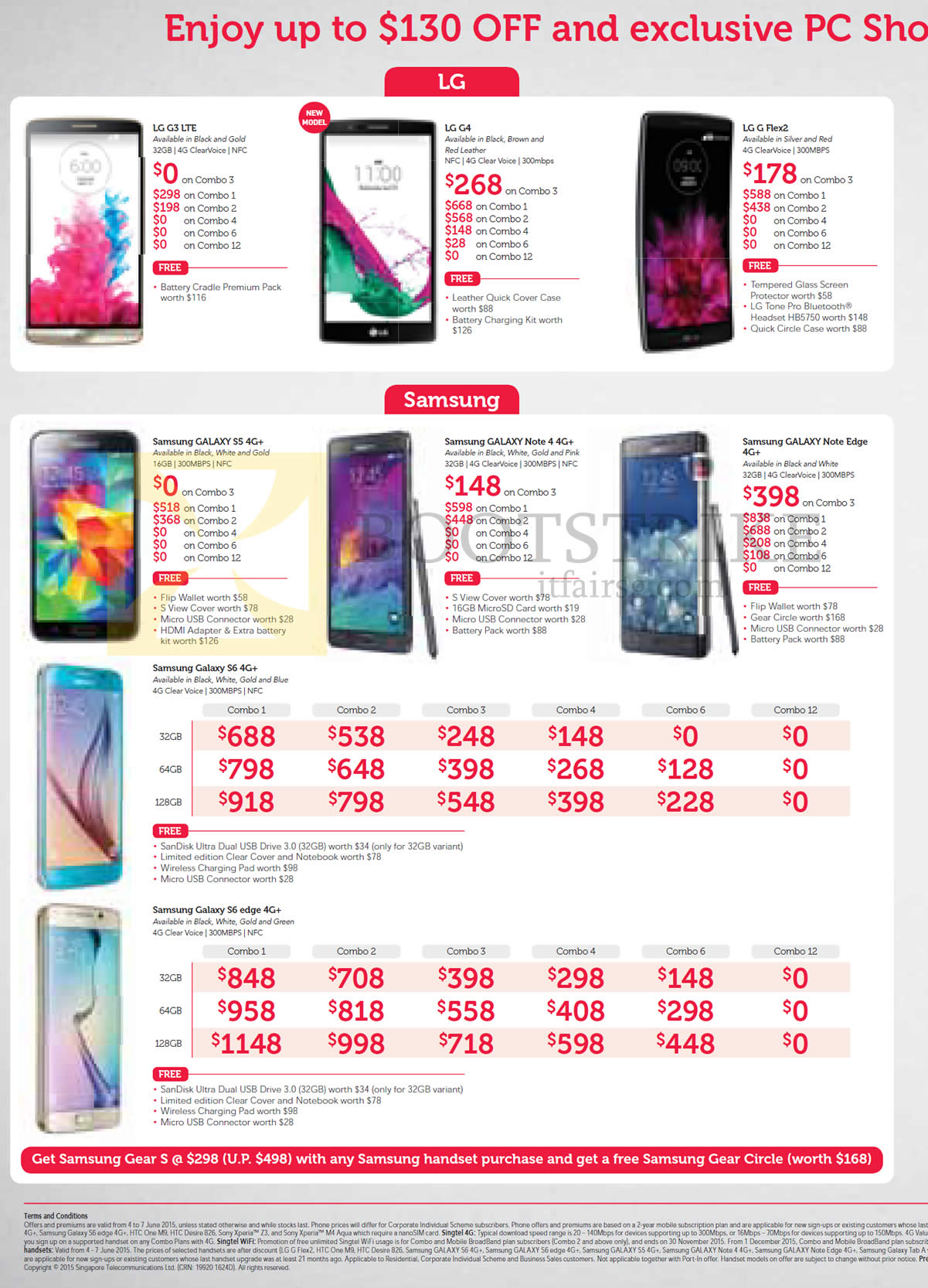 PC SHOW 2015 price list image brochure of Singtel Mobile LG G3 LTE, G4, G Flex2, Samsung GALAXY S5, Note 4, Note Edge, S6 Edge