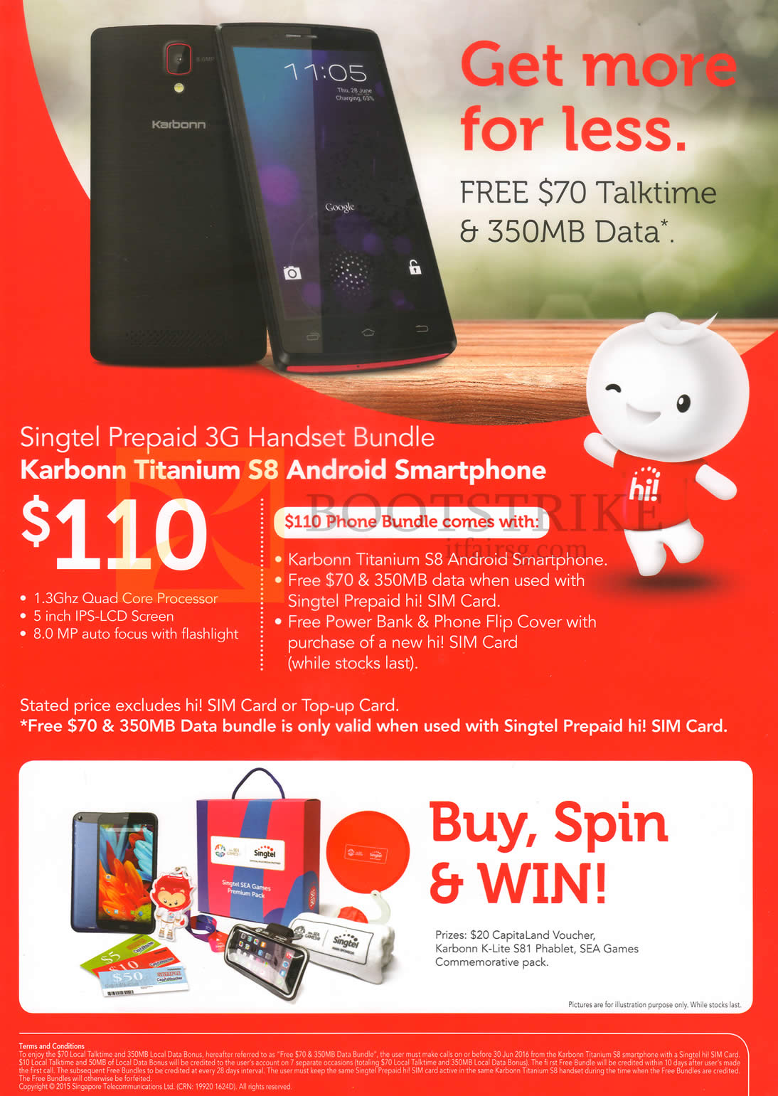 PC SHOW 2015 price list image brochure of Singtel Prepaid 3G Handset Bundle, Karbonn Titanium S8, Buy Spin Win